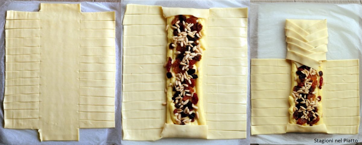 Treccia di pasta sfoglia con crema pasticcera uvetta e pinoli step by step